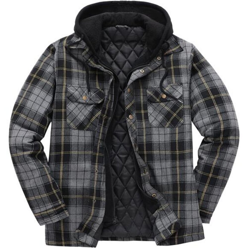 Plaid Flannel Shirt Jacket Men's Quilted Hooded Winter